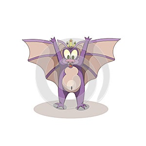 Little purple bat as a cartoon character with a crown on white isolated background, vector illustration for Animals or Wildlife to