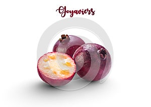 Little purple ripe chinese guavas also called guava-strawberry sliced isolated on white background