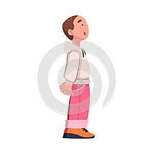 Little Puzzled Boy Standing and Talking to Somebody Vector Illustration