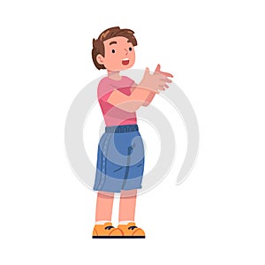 Little Puzzled Boy Standing and Talking to Somebody Vector Illustration