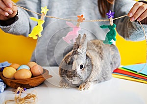 Little rabbit with a basket with decorated egg - Easter card