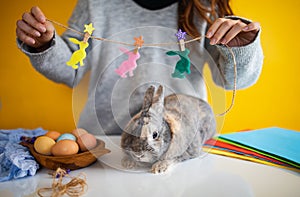 Little rabbit with a basket with decorated egg - Easter card