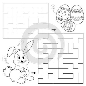 Little rabbit and decorated Easter eggs in a basket. Maze game for kids. coloring book