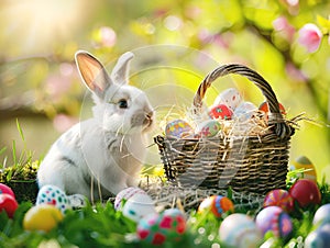 Little rabbit in the spring garden with decorated eggs. Easter card