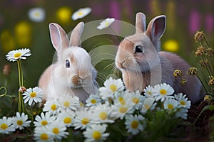 Little rabbits on green grass in summer day