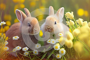 Little rabbits on green grass in summer day