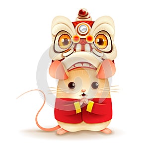 The Little Rat with Chinese New Year Lion Dance Head