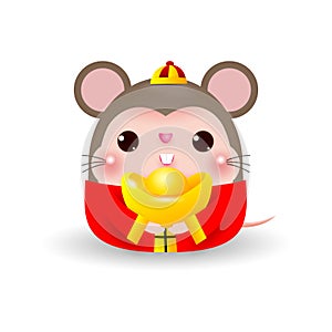 Little rat with holding Chinese gold, Happy Chinese new year 2020 year of the rat zodiac, Cartoon vector illustration isolated