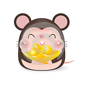 Little rat with holding Chinese gold, Happy Chinese new year 2020 year of the rat zodiac, Cartoon vector illustration isolated