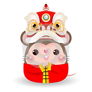 Little rat with Lion Dance Head, Happy Chinese new year 2020 year of the rat zodiac, Cartoon vector illustration isolated