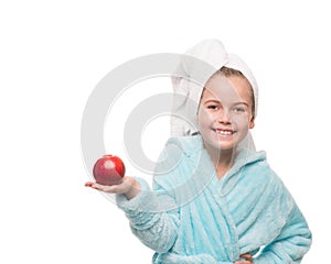 little red apple on her palm