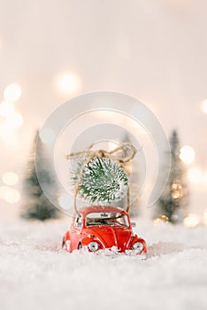 Little red car toy carrying Christmas tree