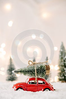 Little red car toy carrying Christmas tree