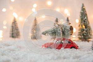 Little red car toy carrying Christmas tree