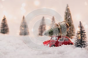 Little red car toy carrying Christmas tree