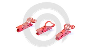 Little red clothespins hearts. On white background. Love