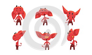 Little Red Devil or Demon as Evil Character with Fangs, Tail and Horns Vector Set