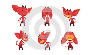 Little Red Devil or Demon as Evil Character with Fangs, Tail and Horns Vector Set