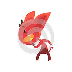 Little red devil standing in threatening pose isolated on white. Funny evil fictional character with horns, big ears and