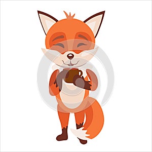 Little red fox with a hot coffee