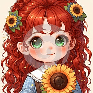 A little red-haired girl with a sunflower, Cartoon, Green eyes, Generative Ai