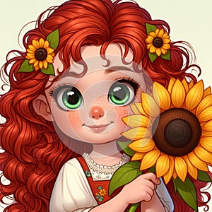 A little red-haired girl with a sunflower, Cartoon, Green eyes, Generative Ai