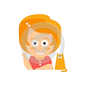 Little Red Head Girl In Red Dress Waving And Smiling Sitting With Her Cat Flat Cartoon Character Portrait Emoji Vector