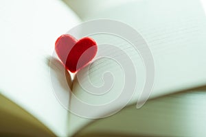 Little red heart in a opened page of literature