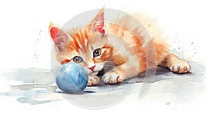Little red kitten plays with a blue ball. Illustration aquarelle of a playful cat on white background. AI Generated