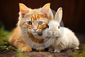 Little red kitten and a rabbit on the grass background