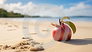 Tropical Symbolism A Red Apple On A Sandy Beach