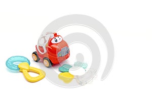 little red plastic car toy for newborn babies isolated, toys for children, kids development, playing