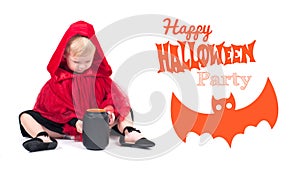 Little Red Riding Hood. Beautiful little girl in a red raincoat. Halloween