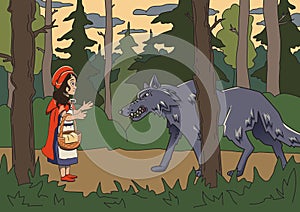 Little red riding hood with big bad wolf in the dark woods. Vector fairy tale illustration.
