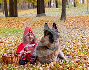 Little red riding hood and the big bad wolf in the enchanted forest. Little girl with dog