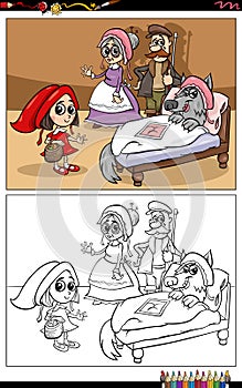 Little red riding hood cartoon characters coloring book page