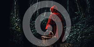 Little red riding hood in the dark woods at night. Generative AI