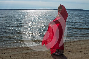 Little Red Riding Hood Girl on the Beach with Cape