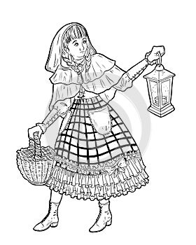 Little red riding hood. Girl in hood with basket and lantern lights her way. Fairy tale character.