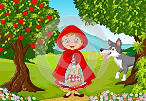 Little Red Riding Hood meeting with a wolf