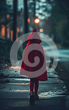 Little red riding hood walking on the road, seen to behind