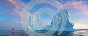 Little red sailboat cruising among floating icebergs in Disko Bay glacier during midnight sun season of polar summer. Greenland