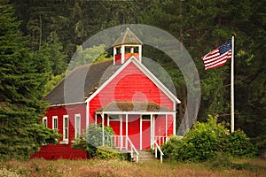 Little Red Schoolhouse with Flag
