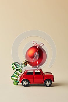 Little red toy car and Christmas tree