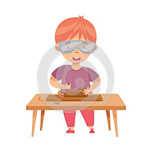 Little Redhead Boy in Protective Goggles at Table Woodworking Molding and Surfacing Timber Vector Illustration