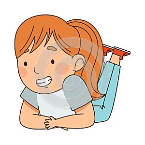 Little Redhead Girl with Ponytail Lying and Looking at Something with Interest Vector Illustration