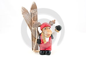 Little reindeer with wooden ski isolated on white background