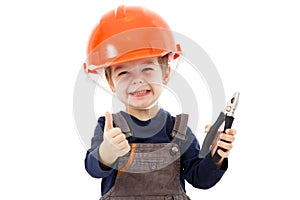 Little repairman in hardhat with pliers show thumb up on white