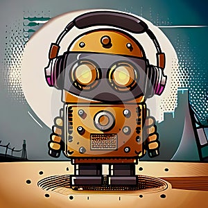 Little retro robot listening to music with headphones