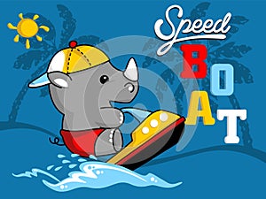 Little rhino cartoon vector playing speed boat